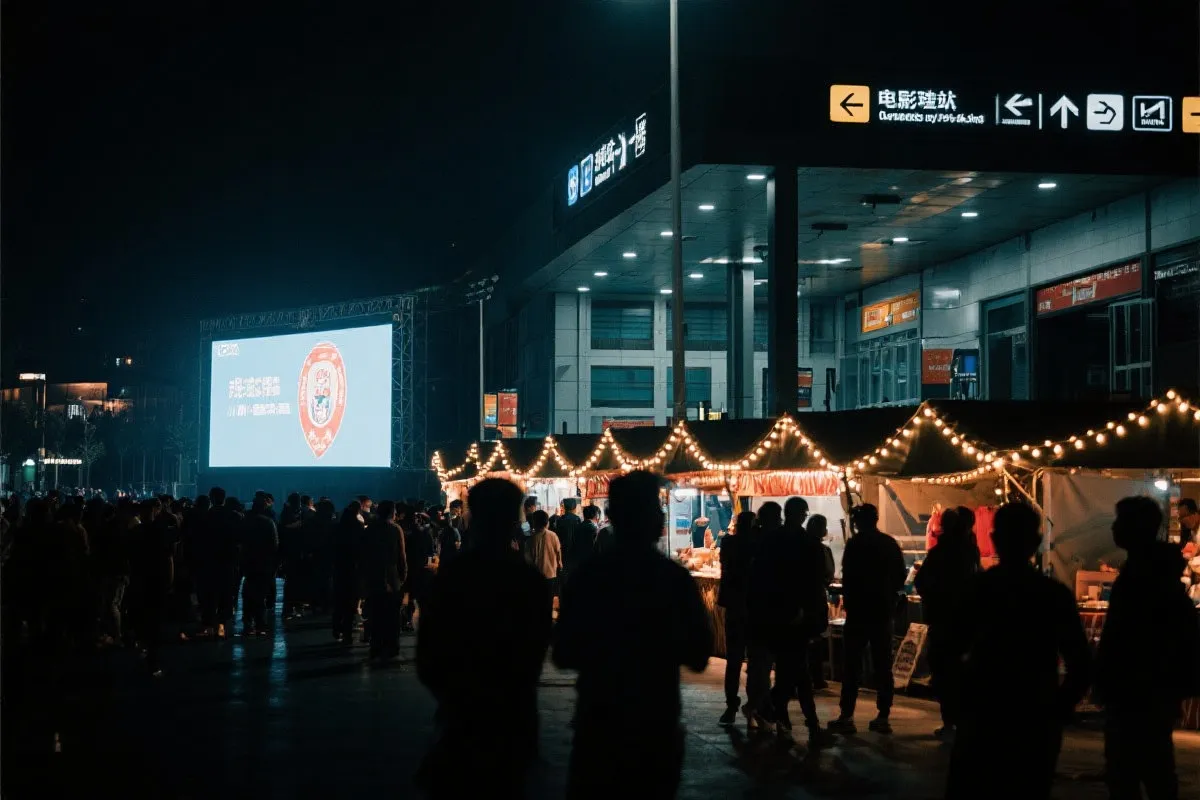 费城球迷广场夜景：大屏观赛人群、步行指示牌与公共交通入口